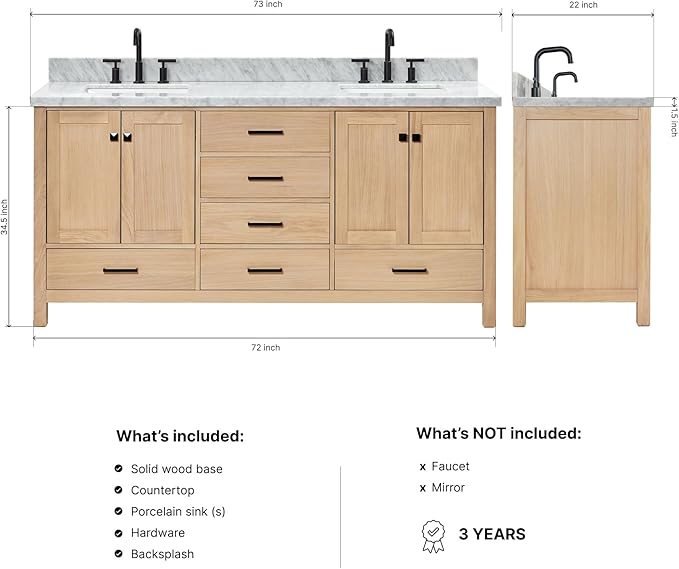 DKB Beckford 72" Oak Double Bathroom Vanity with Sink, 1.5" Edge Carrara White Marble Countertop, Rectangle Sinks, 4 Soft-Closing Doors, 6 Dovetail Drawers