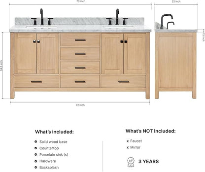 DKB Beckford 72" Oak Double Bathroom Vanity with Sink, 1.5" Edge Carrara White Marble Countertop, Rectangle Sinks, 4 Soft-Closing Doors, 6 Dovetail Drawers