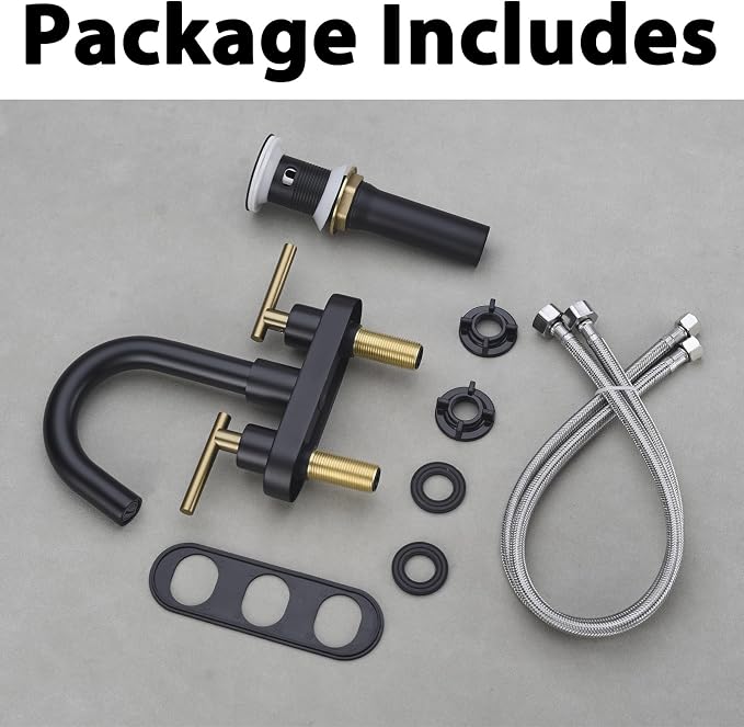 Bathroom Faucet, 3-Hole Black and Gold Vanity Faucet with Metal Sink Drain, 2-Handle 4-Inch Centerset