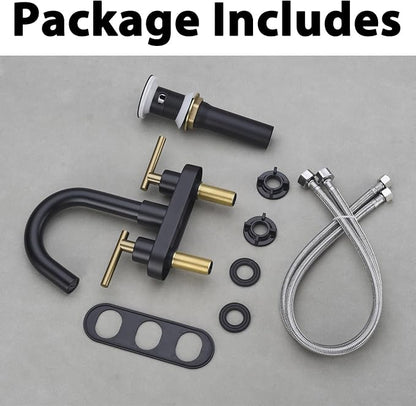Bathroom Faucet, 3-Hole Black and Gold Vanity Faucet with Metal Sink Drain, 2-Handle 4-Inch Centerset