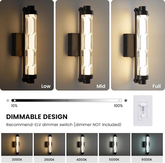 15.4" Black Wall Sconces Set of 2, Modern Bathroom Sconces with Ripple Glass Shade, 5CCT Dimmable LED Wall Lights 14W for Bedroom, Hallway, Staircase