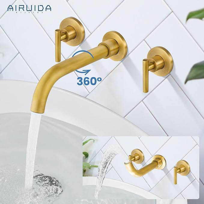 Airuida Wall Mounted Antique Brass 3 Hole Dual Handle Bathroom Faucet with 360 Swivel Spout Vanity Sink Mixer Tap, Matte Finish | Lever Handle,3 Holes,360° Widespread Swivel Spout,Rotatable Bathroom Faucet