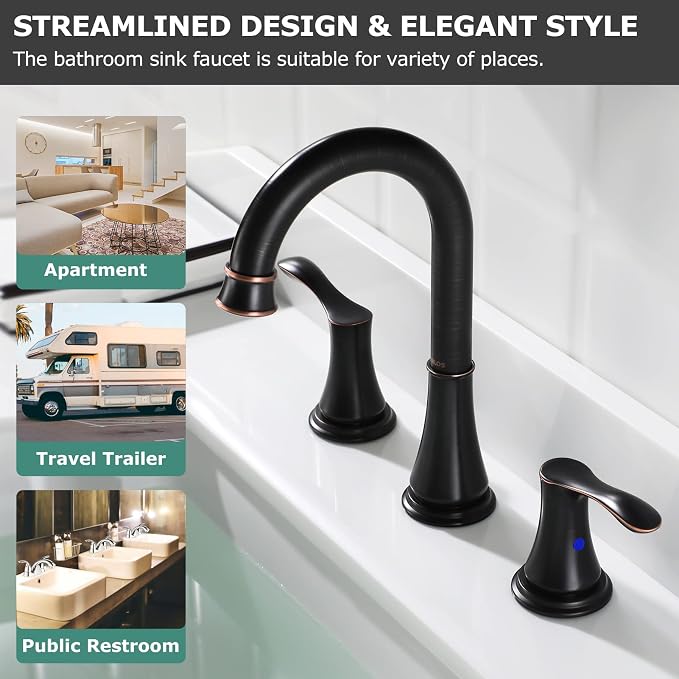 Oil Rubbed Bronze Widespread Bathroom Sink Faucet 8 Inch for Vanity | with All Metal Pop Up Drain, High Arc 2 Handle Lead-Free Deck Mount Bathroom Faucet for 3 Hole Lavatory Utility Sink