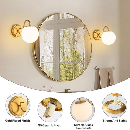 2-Pack Wall Sconce for Bathroom, Vintage Brushed Gold Vanity Lights, Wall Mount Light Fixtures With Milk Glass Globe Shade, Indoor Wall Lights Fixture for Bedroom Living Room Mirror Hallway(G9 Incl.)