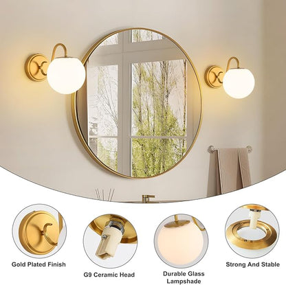 Vintage Brushed Gold Bathroom Wall Sconces, Include G9 bull, 2-Pack | Vanity Lights For Bathroom With Milk Glass Shade,Medieval Court Style Wall lights For Bedroom,DressingTable,Hallway