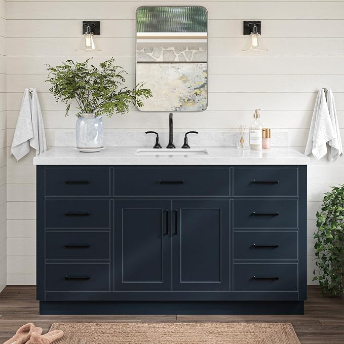 ARIEL Hepburn 60-inch Bathroom Vanity with Sink,Solid Wood, 1.5-inch Italian Carrara Marble Countertop, Single Rectangular Porcelain Sink, 2 Soft Closing Doors, 9 Dovetail Drawers, Midnight Blue
