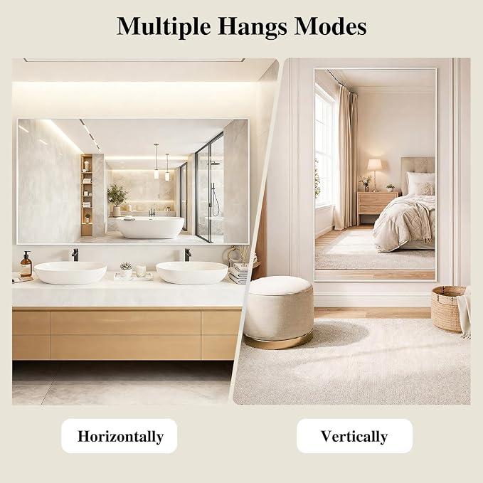 Koonmi White Rectangle Wall Mirror, 30x48 Inch Bathroom Mirror, Aluminum Frame Vanity Mirror for Entryway, Living Room, Bedroom Bathroom, Hangs Horizontally or Vertically