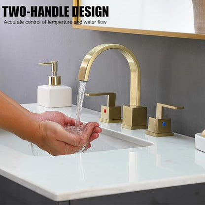 KINGO HOME Gold Bathroom Faucet, Brushed Gold Faucets Bathroom 3 Hole 8inch Widespread Waterfall 2 Handle Brass Faucets Bath Sink Vanity Faucet with Pop Up Drain and Supply Lines