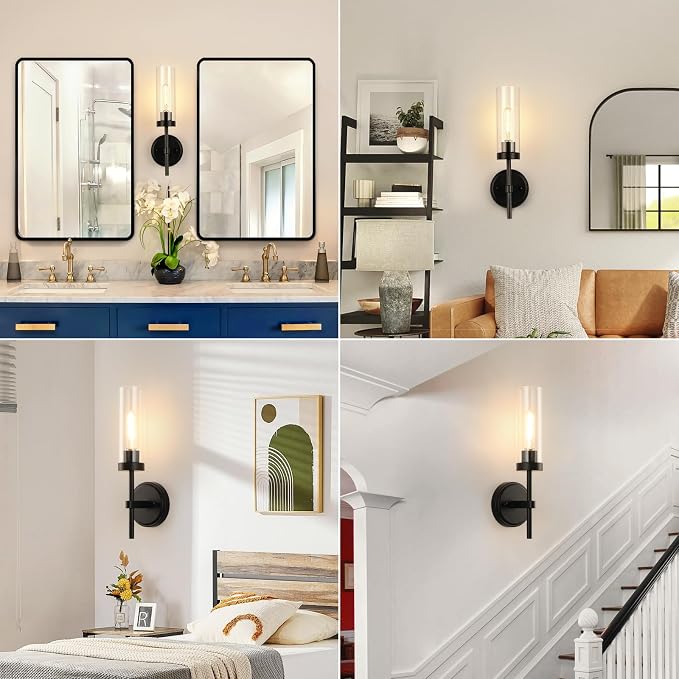 WILON Bathroom Wall Sconces Vanity Light Fixtures, Black, 2 pcs | Clear Glass Shade, 60W MAX, Modern Farmhouse Style for Vanity Mirror Bedroom Bedside Hallway Corridor Stairs bathroom
