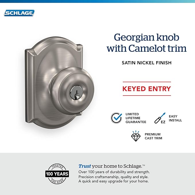 SCHLAGE F51A GEO 619 CAM Georgian Knob with Camelot Trim Keyed Entry Lock, Satin Nickel