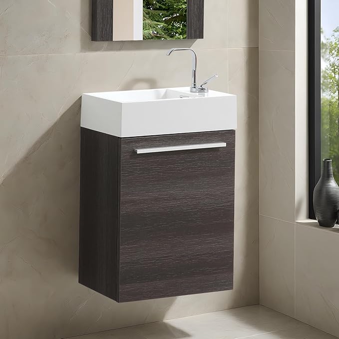 Blossom 18-Inch Floating Bathroom Vanity with Acrylic Sink, All-Wood Construction, Space-Saving Wall Mounted Vanity Cabinet for Compact Bathrooms, Modern Design Bathroom Sink Cabinet, Dark Oak