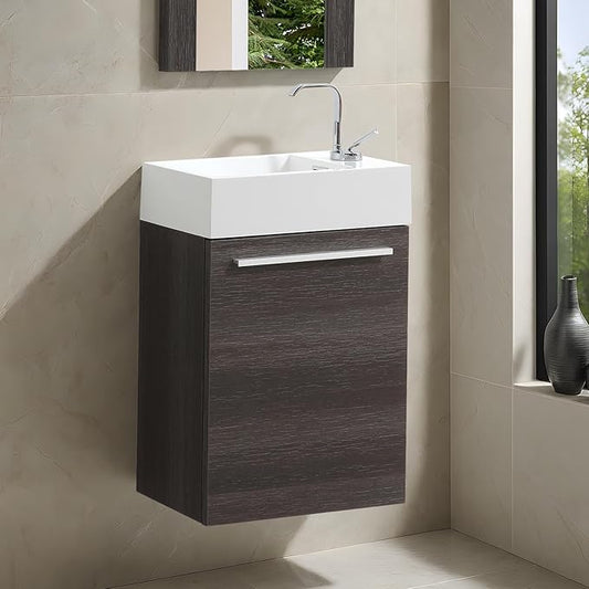 Blossom 18-Inch Floating Bathroom Vanity with Acrylic Sink, All-Wood Construction, Space-Saving Wall Mounted Vanity Cabinet for Compact Bathrooms, Modern Design Bathroom Sink Cabinet, Dark Oak