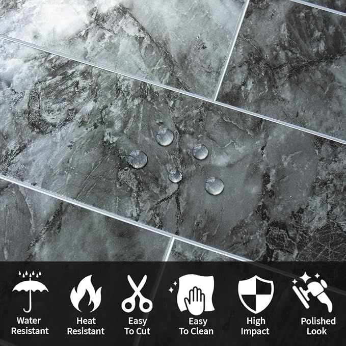 AULIGET 4-Piece Polished Dark Grey Marble Peel and Stick Backsplash Wall Tiles, 3" x 12" PVC Faux Stone Stick on Tiles for Backsplash Kitchen, Bathroom, Laundry Room, Camper, Fireplace