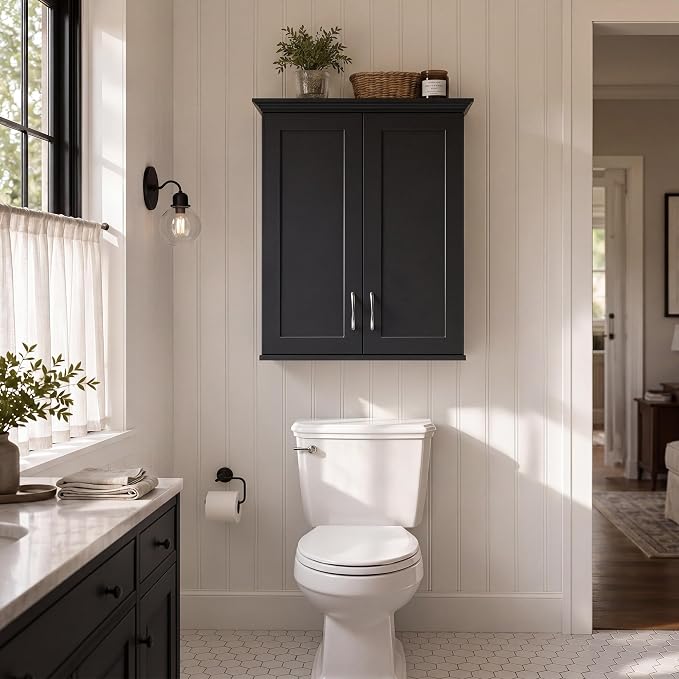 VANIRROR Bathroom Wall Mounted Cabinet with Motion Sensor Light | 23.6 x 28 x 8.3 in Black Over Toilet Medicine Cabinet, 2-Door Wood Storage Cabinet with Adjustable Shelves, Soft Close Hinges