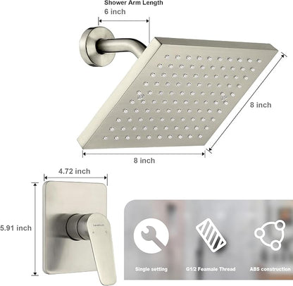 Brush Nickel Premium Shower Head With Valve Set Single Spray Wall Mount 8 Inch Rainfall Square Shower Faucet with Rough-in Valve and Trim Kit for Bathroom