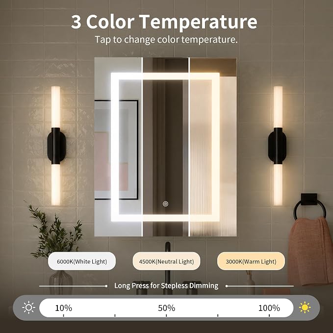 DeerValley LED Lighted Bathroom Medicine Cabinet with Mirror, 24''x30'' | Wall Mounted Mirror Cabinet with Socket, Dimmable Light, Anti-Fog, Adjustable Shelf, DV-1MC0499