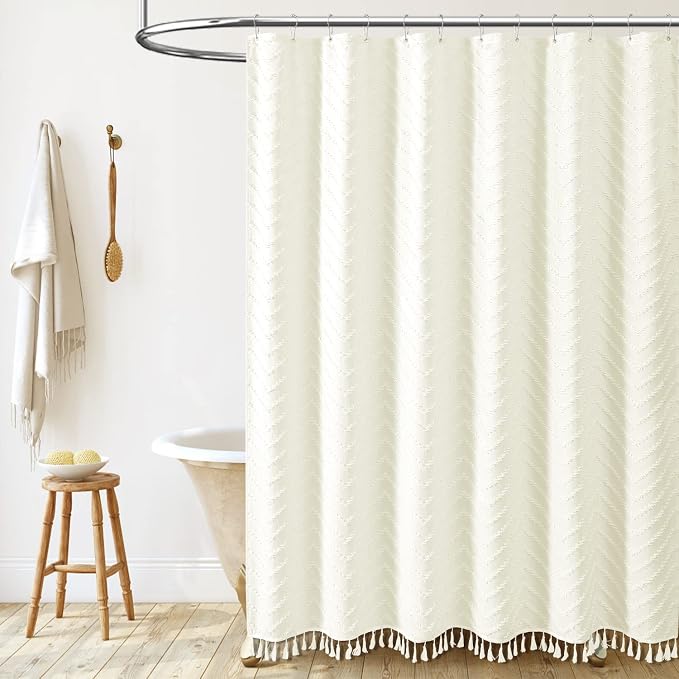 Stall Boho Farmhouse Shower Curtain Tufted Chevron 60"x84" Cream | 60 x 84 inch Long, Elegant Tassel, Lightweight Textured Fabric, Water Repellent, Washable, for Narrow Bathroom/Dorm 10 Hooks