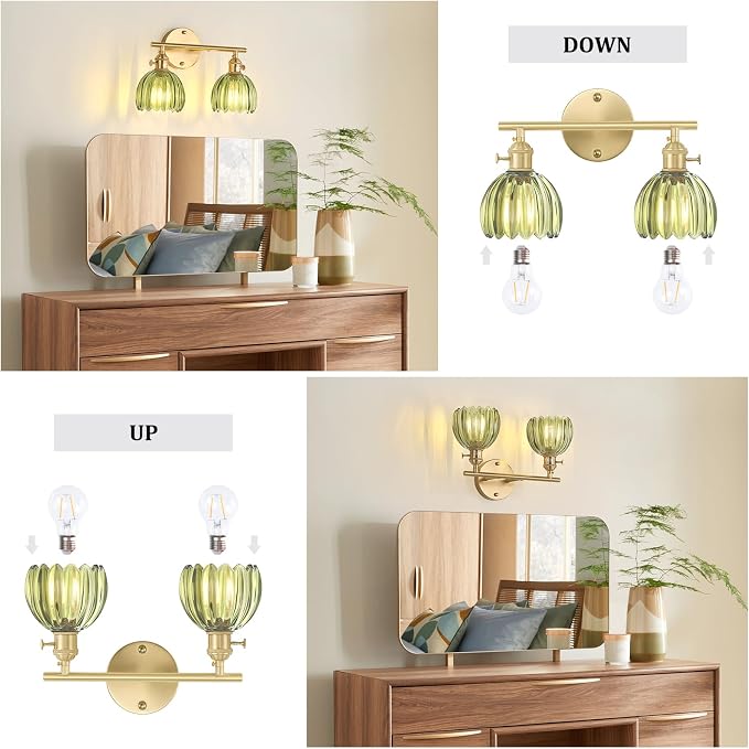 Shenmoyl Bathroom Light Fixtures, 2-Light Brass Vanity wall Light Over Mirror with Green Tulip Glass Shade for Bedroom Living Room (Bulb Not Included)