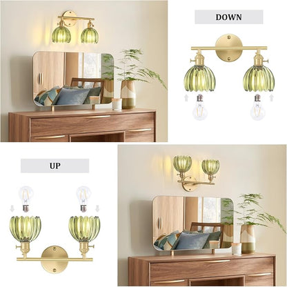 Shenmoyl Bathroom Light Fixtures, 2-Light Brass Vanity wall Light Over Mirror with Green Tulip Glass Shade for Bedroom Living Room (Bulb Not Included)