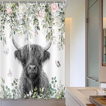 Highland Cow Shower Curtain, Floral Eucalyptus & Butterfly Farmhouse Bathroom Decor, Waterproof Washable Polyester Fabric, Shower Curtains Set with Hooks 48X72inch.