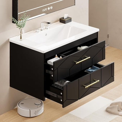 IDEALHOUSE Floating Bathroom Vanity with Sink 24 inch, Modern Bathroom Sink Cabinet, Ceramic Vanity Top, 2 Large Storage Drawers with Gold Metal Handle, Easy to Assembly, Black