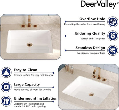 DeerValley 20x16 Inch Black Rectangular Undermount Bathroom Sink, Porcelain Ceramic Vessel Sink with Overflow, Modern Vanity Basin, DV-1U201