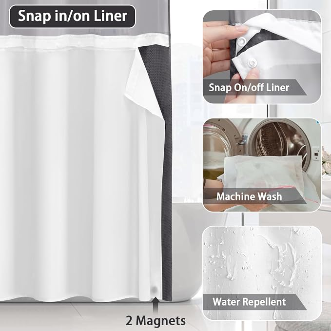 No Hook Shower Curtain with Liner Set Hotel Waffle Dark Grey 72W X 81L | Washable Snap in Fabric Liner, Mesh Top Window, Waffle Hotel Style Shower Curtain Set