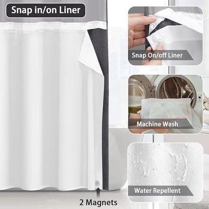 No Hook Shower Curtain with Liner Set Hotel Waffle Dark Grey 72W X 81L | Washable Snap in Fabric Liner, Mesh Top Window, Waffle Hotel Style Shower Curtain Set