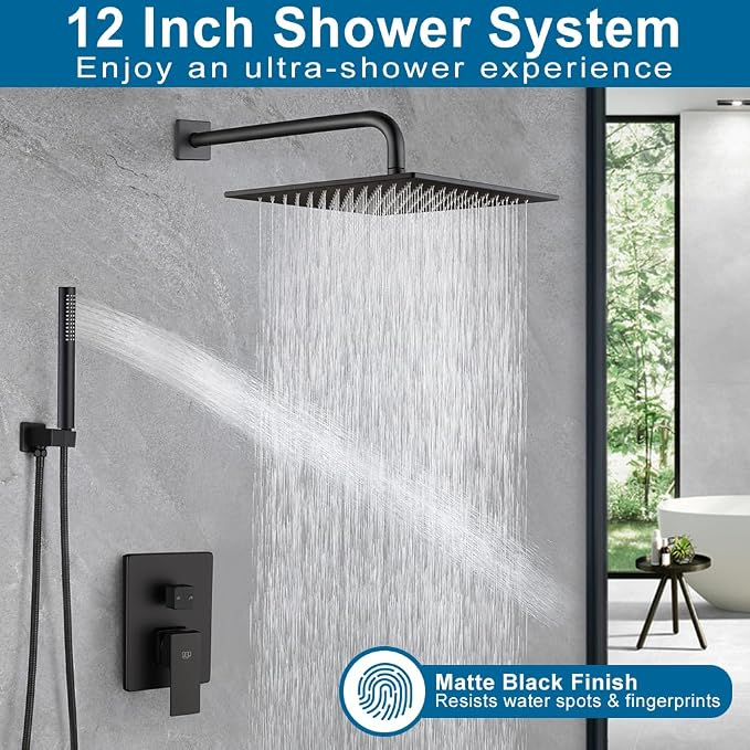 Matte Black Shower Faucet Set Rainfall 12 Inch Shower Head and Handle Set Bathroom Rain Shower System Wall Mounted Shower Fixture Include Shower Valve and Trim Kit
