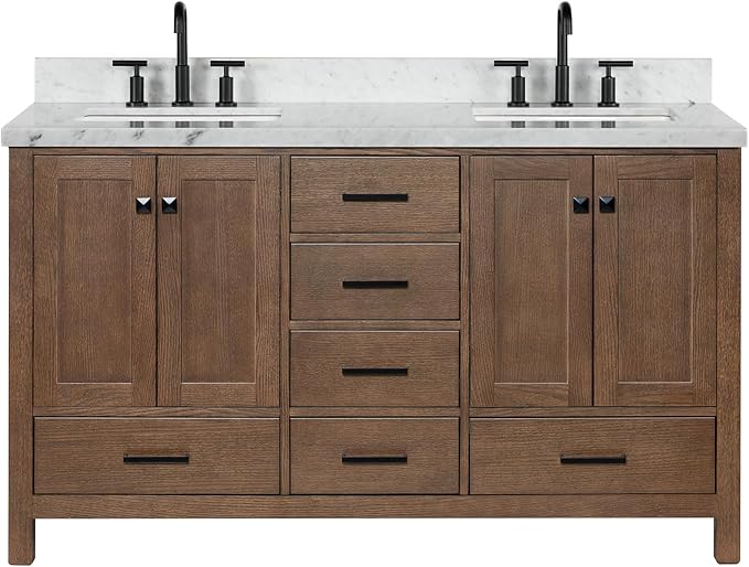 ARIEL Cambridge 60-inch Bathroom Vanity with Sink,Solid Wood, 1.5-inch Italian Carrara Marble Countertop, Double Rectangular Porcelain Sink, 4 Soft Closing Doors, 6 Dovetail Drawers, Brown Oak