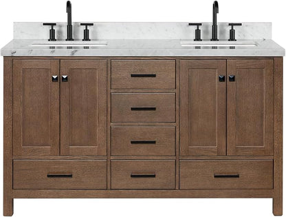 ARIEL Cambridge 60-inch Bathroom Vanity with Sink,Solid Wood, 1.5-inch Italian Carrara Marble Countertop, Double Rectangular Porcelain Sink, 4 Soft Closing Doors, 6 Dovetail Drawers, Brown Oak