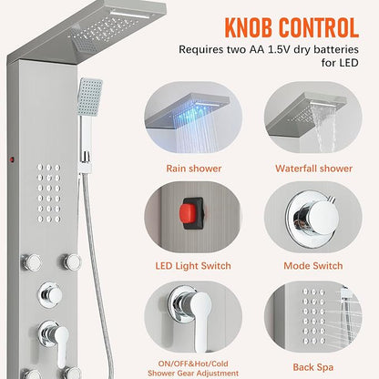 Fuz LED Shower Panel Tower System, 5 Function Stainless Steel Brushed Nickel Shower Tower with Rainfall Shower Head and Handheld, 4 Body Jets and Waterfall Tub Spout, High Pressure Shower Column