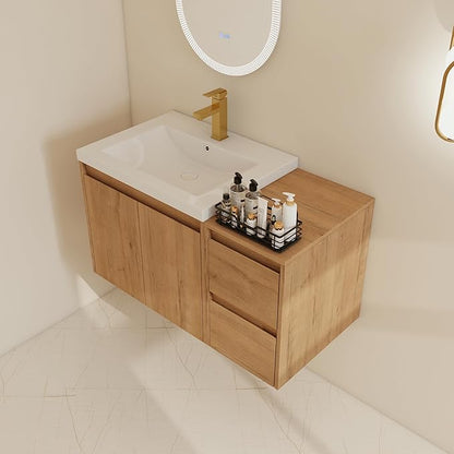 36" Bathroom Vanity Set, 36 Inch Modern Floating Vanity with 2 Doors and 2 Drawers, Single Resin Sink Wall Mount Cabinet Set, Modern Bathroom Cabinet with Sink, Soft-Closed Door and Drawer