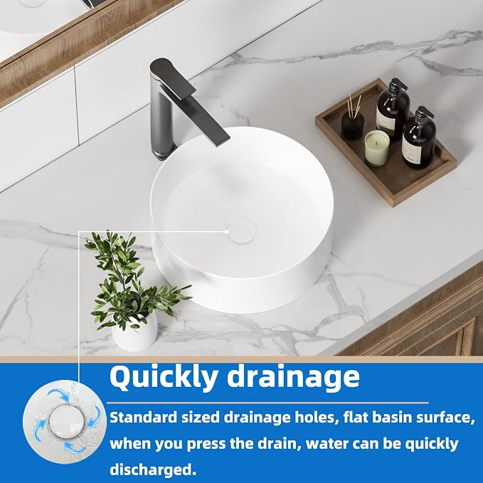 KINGWONG 14 Inch Small Vessel Sink for Bathroom - Round Countertop Modern Above Counter White Ceramic Porcelain Vanity Sink Basin for Cabinet 14 x 14