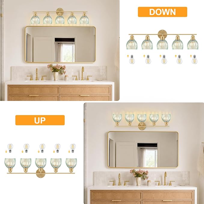Bathroom Light Fixtures, 5-Light Brushed Gold Vanity Lights for Bathroom with Blue Tulip Glass Shade, 30" Vintage Bathroom Vanity Lighting Fixtures Over Mirror for Bedroom Living Room Hallway