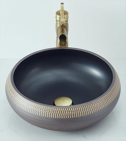 16 Inch Round Vessel Sink - Brown & Black Porcelain Ceramic Art Basin, Handmade Countertop Bathroom Sink Bowl