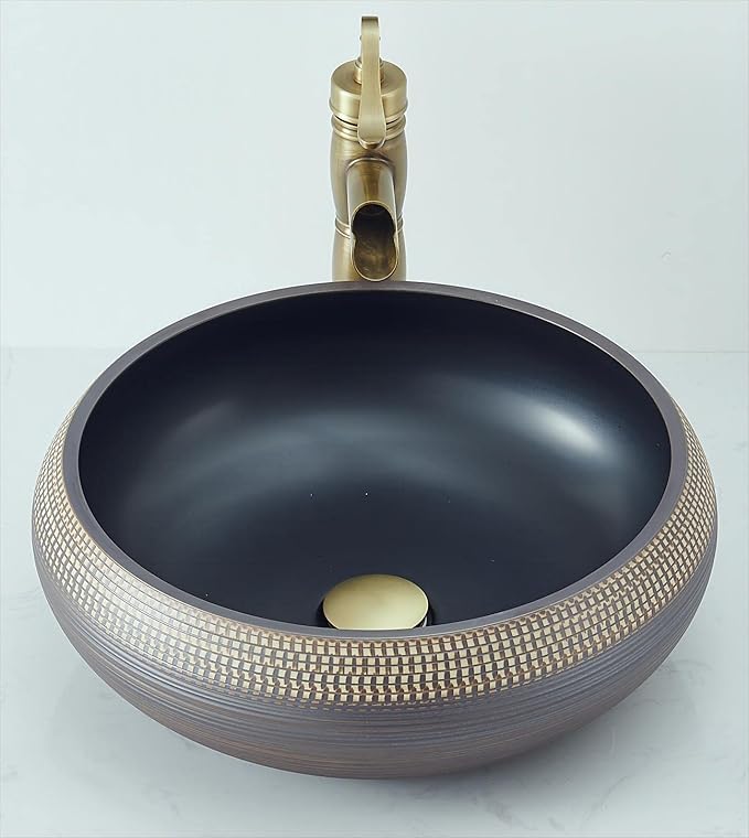 16 Inch Round Vessel Sink - Brown & Black Porcelain Ceramic Art Basin, Handmade Countertop Bathroom Sink Bowl