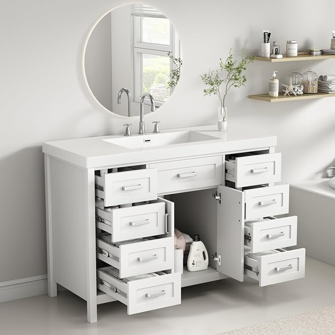 47" Bathroom Vanity Base Only, Cabinet with Soft-Closing Drawers and Doors, Simple & Modern Style, Solid Wood Frame, White