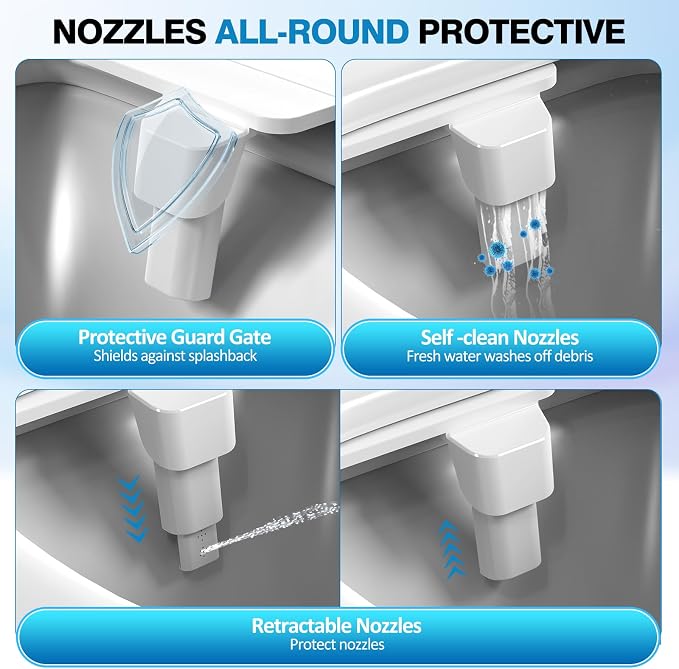 Non-Electric Bidet Attachment, Self-Clean Dual Nozzles, Adjustable Pressure | Ultra Slim Intuitive One-Touch, Retractable Nozzle Structure, Cold Water Rear & Feminine Washing Modes, Stainless Steel Iniet