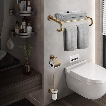 7 Piece Antique Brass Gold Bathroom Accessories Set - TooCust Brushed Brass 24” Double Towel Holder & Towel Bar - Wall Mounted Bathroom Hardware Kit