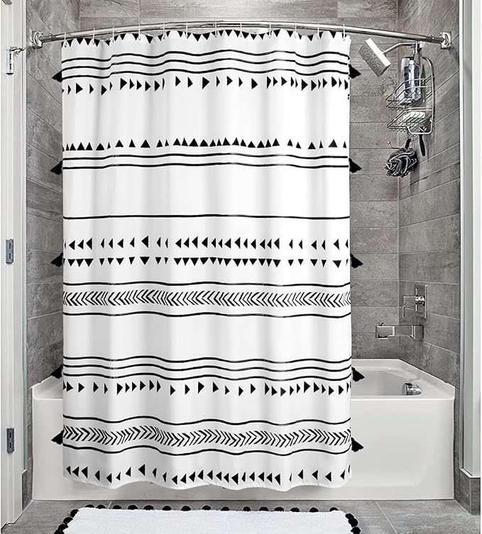 Uphome Boho Shower Curtain Black and White Fabric Shower Curtain with Hooks Chic Triangle Geometric Cloth Bathroom Curtains Set Waterproof Weighted Hem for Modern Hotel Decorative Accessories 60x72
