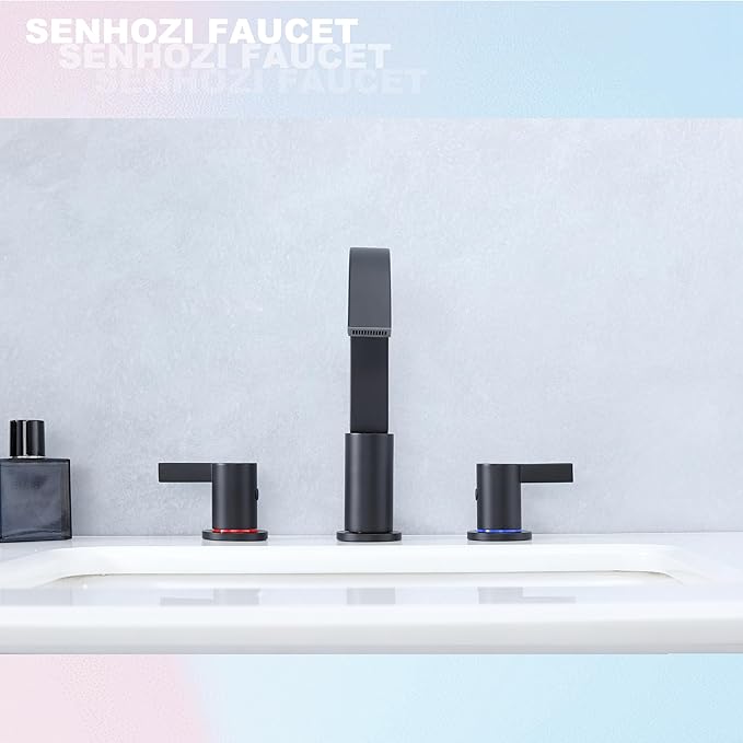 Matte Black Bathroom Faucets 3 Holes, 8 Inch Widespread Bathroom Sink Faucet, 2 Handles Black Bathroom Faucet with Pop-up Drain and Supply Hose SE-0018-BK
