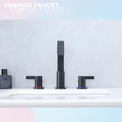 Matte Black Bathroom Faucets 3 Holes, 8 Inch Widespread Bathroom Sink Faucet, 2 Handles Black Bathroom Faucet with Pop-up Drain and Supply Hose SE-0018-BK