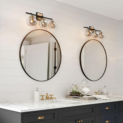 KSANA Black Gold Vanity Light, Modern 3-Light Bathroom Light Fixture with Mercury Glass Shade, Electroplating Brass 22”L Globe Vanity Lighting Over Mirror