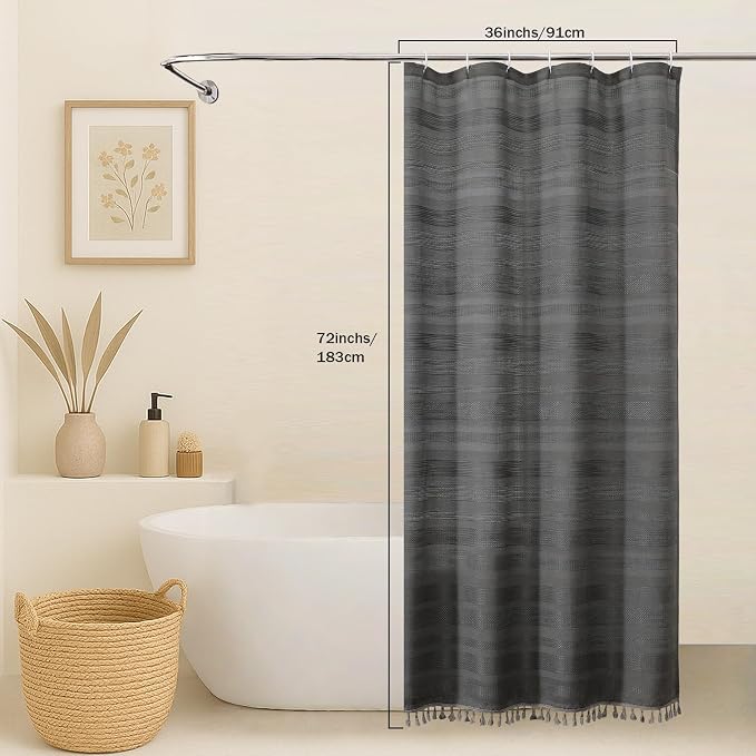 Boho Stall Shower Curtain, Narrow Soft Fabric Striped Textured Bathroom Shower Curtain with Tassel, Modern Farmhouse Machine Washable Bath Decor, 36Wx72L Inches, Charcoal Grey