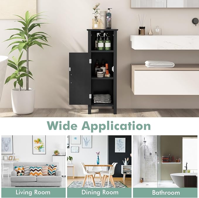 Giantex Narrow Bathroom Storage Cabinet with Adjustable Shelf (Black) | Corner Unit with Open Compartment, Anti-toppling Device, Freestanding Small Storage Organizer for Living Room