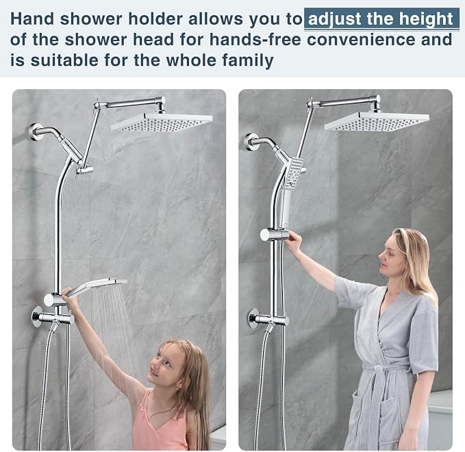 BRIGHT SHOWERS Rain Shower Heads System, Rainfall Shower Head with Handheld Spray Combo Includes Solid Brass Slide Bar, Height Adjustable Shower Holder, Shower Extension Arm and 60" Long Hose, Chrome