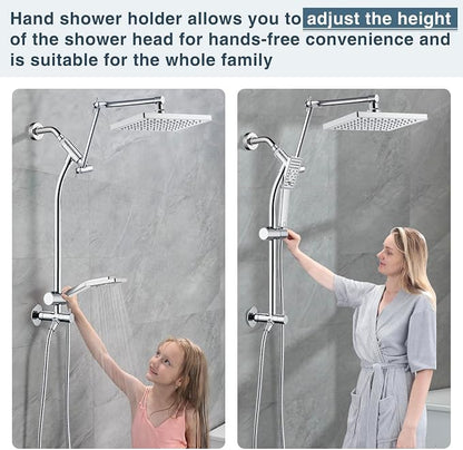 BRIGHT SHOWERS Rain Shower Heads System, Rainfall Shower Head with Handheld Spray Combo Includes Solid Brass Slide Bar, Height Adjustable Shower Holder, Shower Extension Arm and 60" Long Hose, Chrome