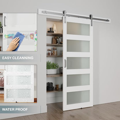 32'' x 84'' Glass Barn Door and 6FT Brushed Nickel Hardware Kit | MDF White Barn Door Slab with Frosted Glass, PVC Surface, Combined with Handle and Floor Guide-Assembly Required
