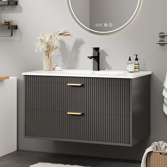 Vabches 30 Inch Bathroom Vanity with Sink, Wood Grain Wall Mounted Vanity with 2 Storage Darwers, Floating Bathroom Vanity with Storage, Bathroom Floating Vanity with Sink, Faucet, Drain, Black